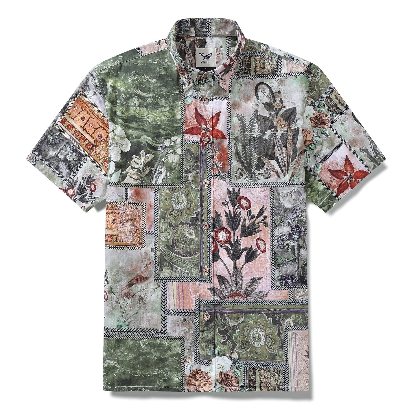 1940s Vintage Men's Hawaiian Shirt Patchwork Memories Print Cotton Button-down Short Sleeve Aloha Shirt