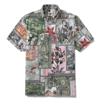 1940s Vintage Men's Hawaiian Shirt Patchwork Memories Print Cotton Button-down Short Sleeve Aloha Shirt