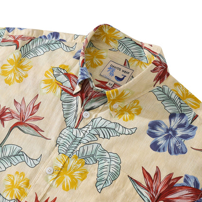 1940s Vintage Hawaiian Shirts For Men Bird of Paradise and Hibiscus Flower Print Shirt 100% Cotton